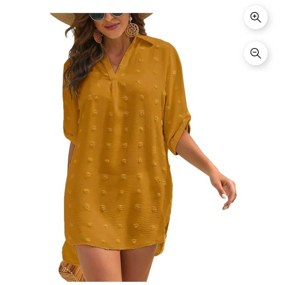 Womens Mustard Yellow Textured Tunic Shirt Dress Kimono Style V Neck M size